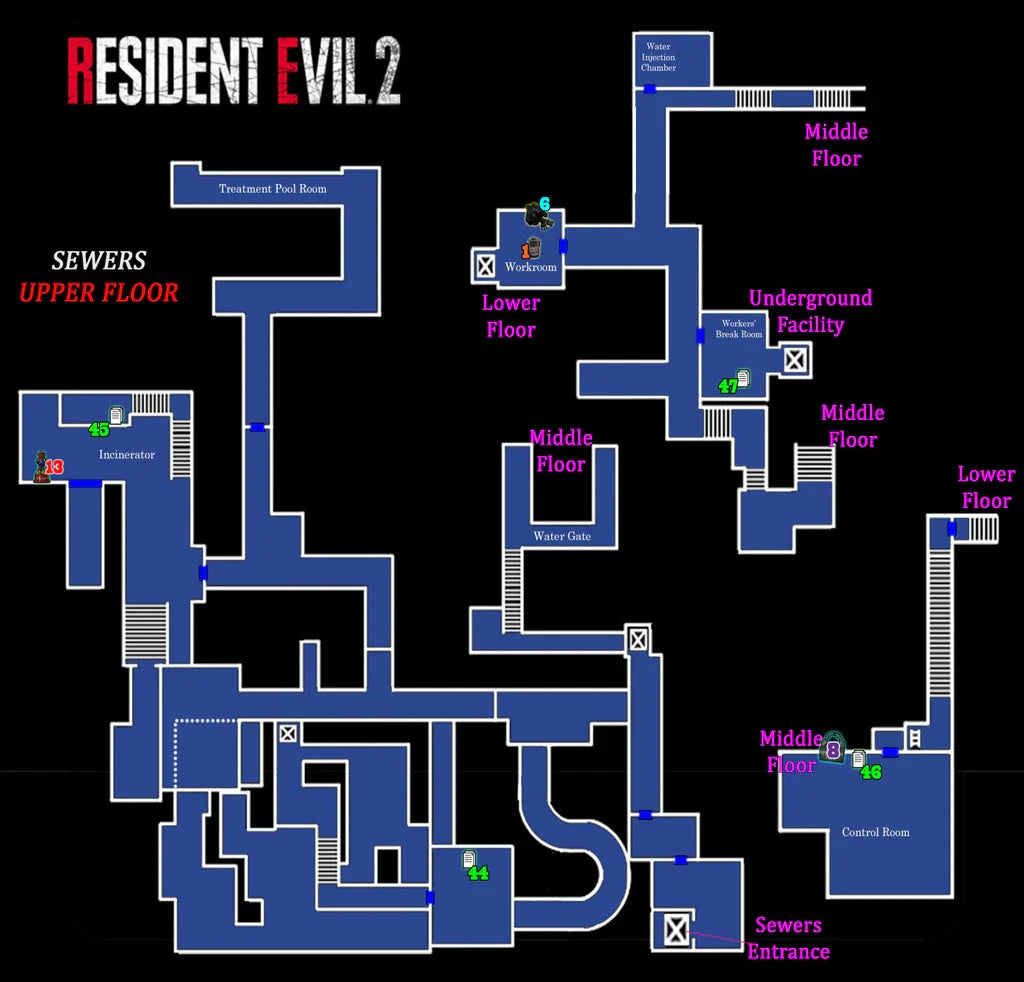 (On Demand) Resident Evil 2 - Map Sewers Upper Floor Frameless Arts (30*30 cm) Posters Retro Games