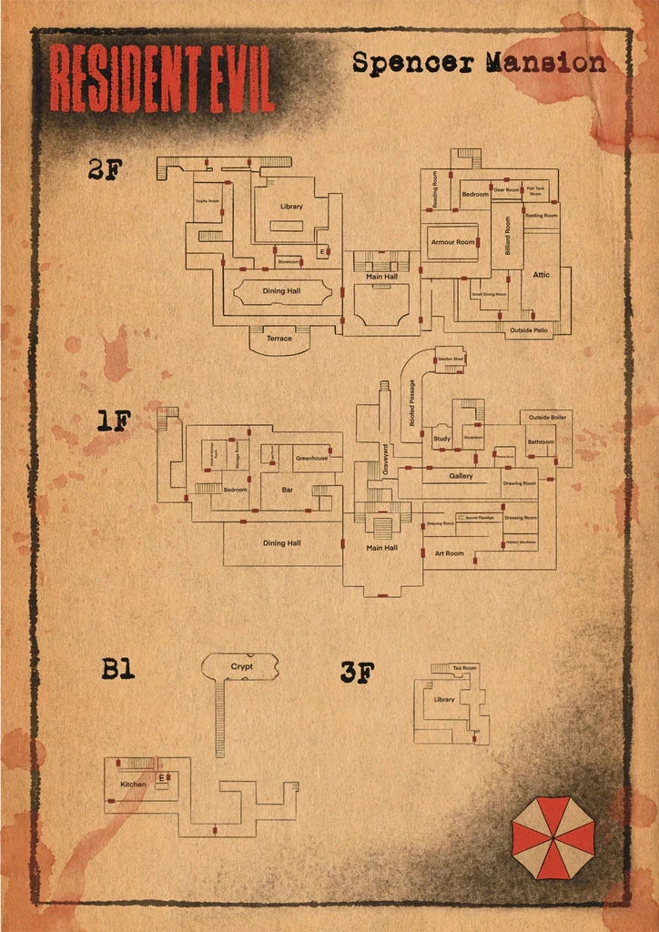 (On Demand) Resident Evil Mansion Map Decorative Painting Canvas Wall Wooden Posters (27x43cm) Posters Retro Games