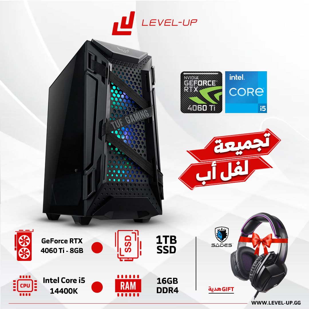 كمبيوتر ألعاب Intel Core i5-14400F، RTX 4060 Ti، ذاكرة وصول عشوائي DDR4 سعة 16 جيجابايت