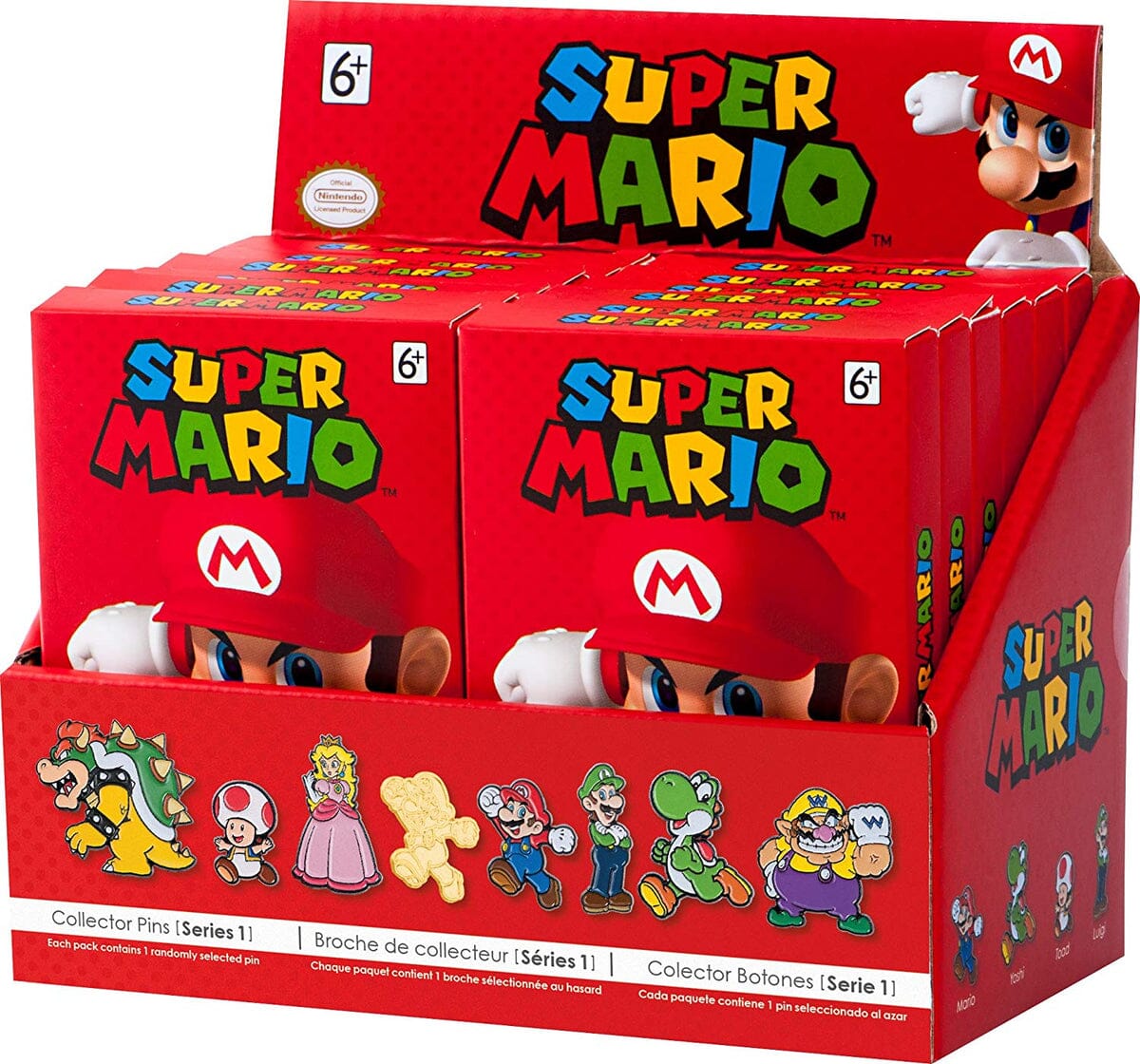 Super Mario Collector Pins Series 1 - full box art showing all 8 possible characters
