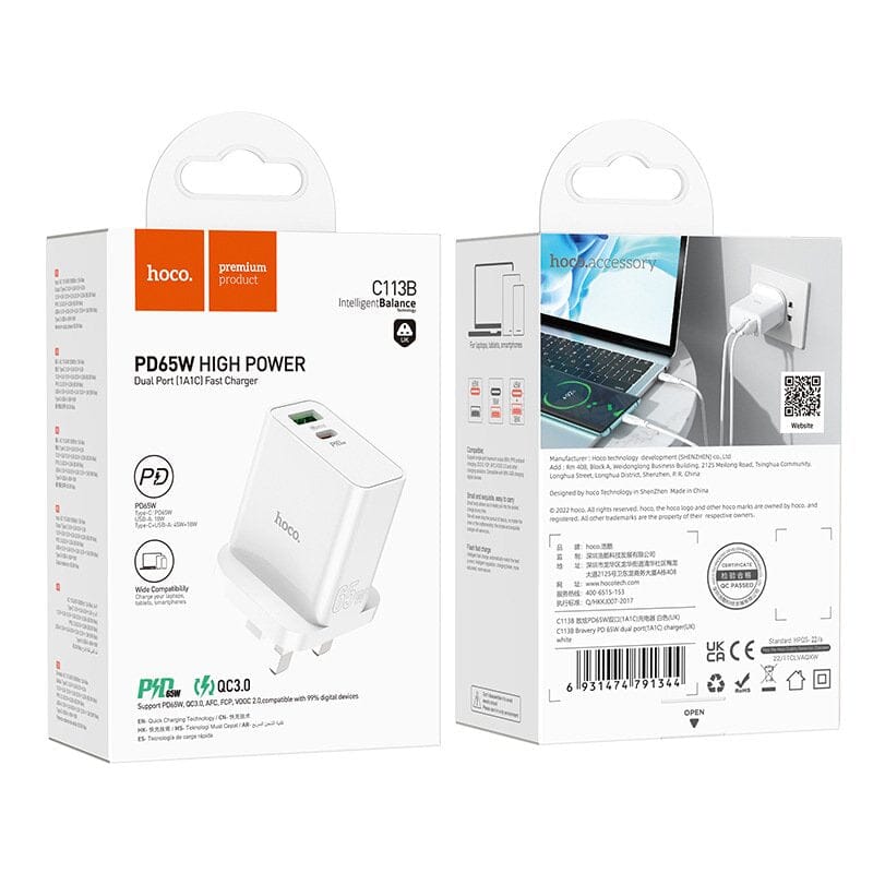 HOCO C113B BRAVERY PD 65W DUAL C PORT CHARGER Power Adapters & Chargers Hoco