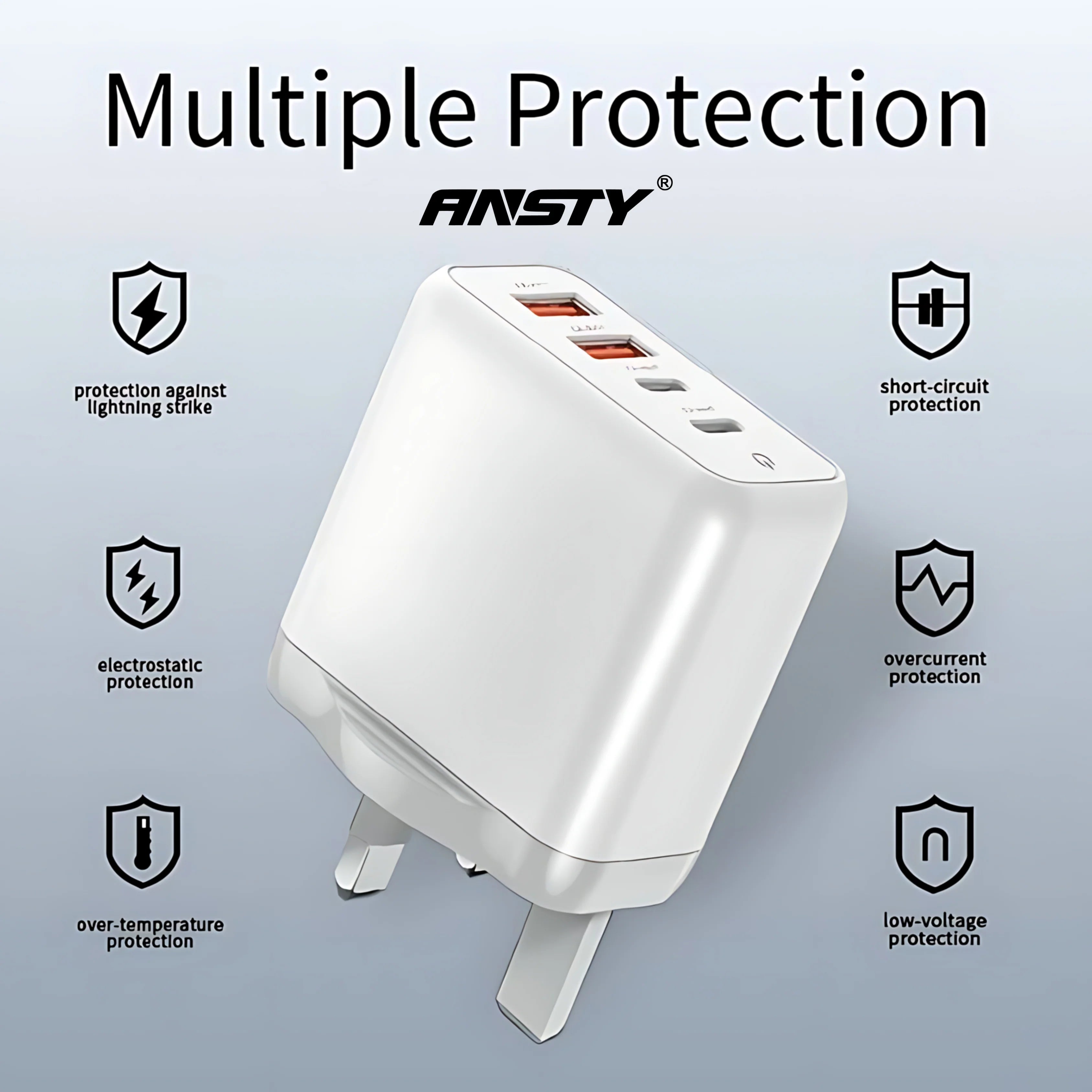 Ansty GaN Fast Charger With Type C Cable (1 Meter) (2 USB-C + 2 USB-A) - 100W (For Steam Deck, ROG Ally & All Portable Consoles) - White