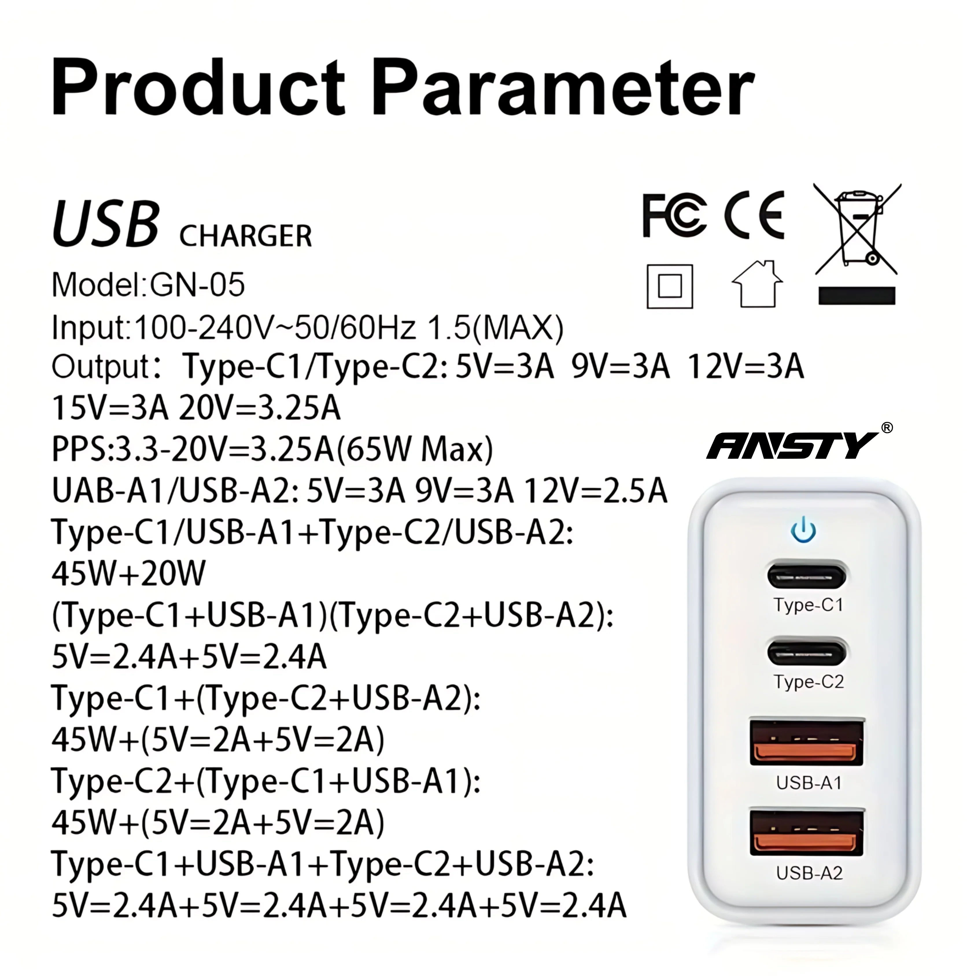 Ansty GaN Fast Charger With Type C Cable (1 Meter) (2 USB-C + 2 USB-A) - 100W (For Steam Deck, ROG Ally & All Portable Consoles) - White