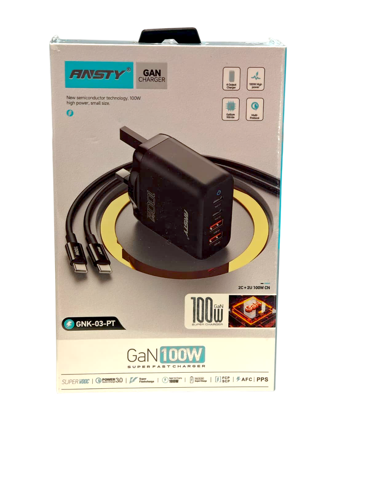 Ansty GaN Fast Charger With Type C Cable (1 Meter) (2 USB-C + 2 USB-A) - 100W (For Steam Deck, ROG Ally & All Portable Consoles) - White