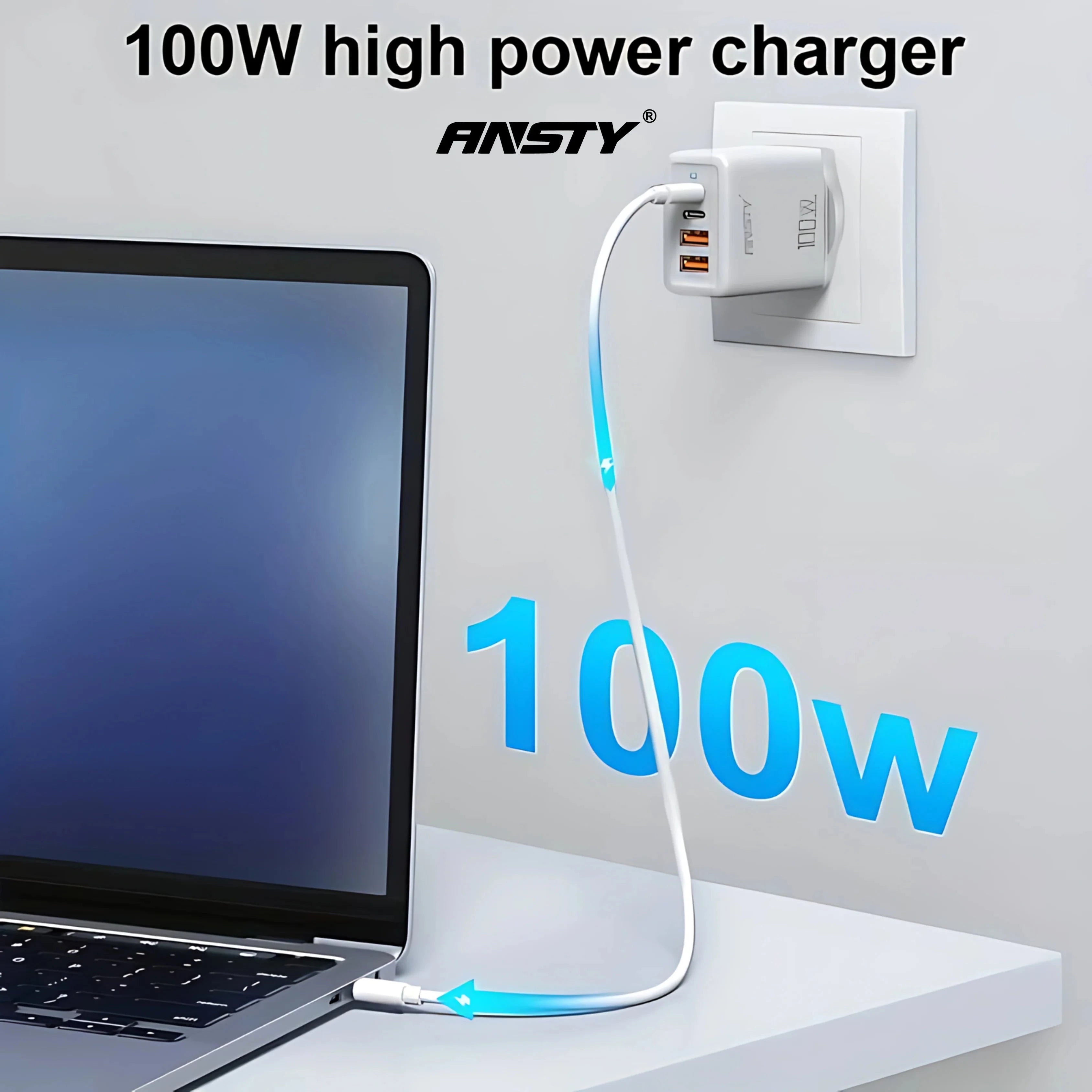 Ansty GaN Fast Charger With Type C Cable (1 Meter) (2 USB-C + 2 USB-A) - 100W (For Steam Deck, ROG Ally & All Portable Consoles) - White Power Adapters & Chargers Ansty 