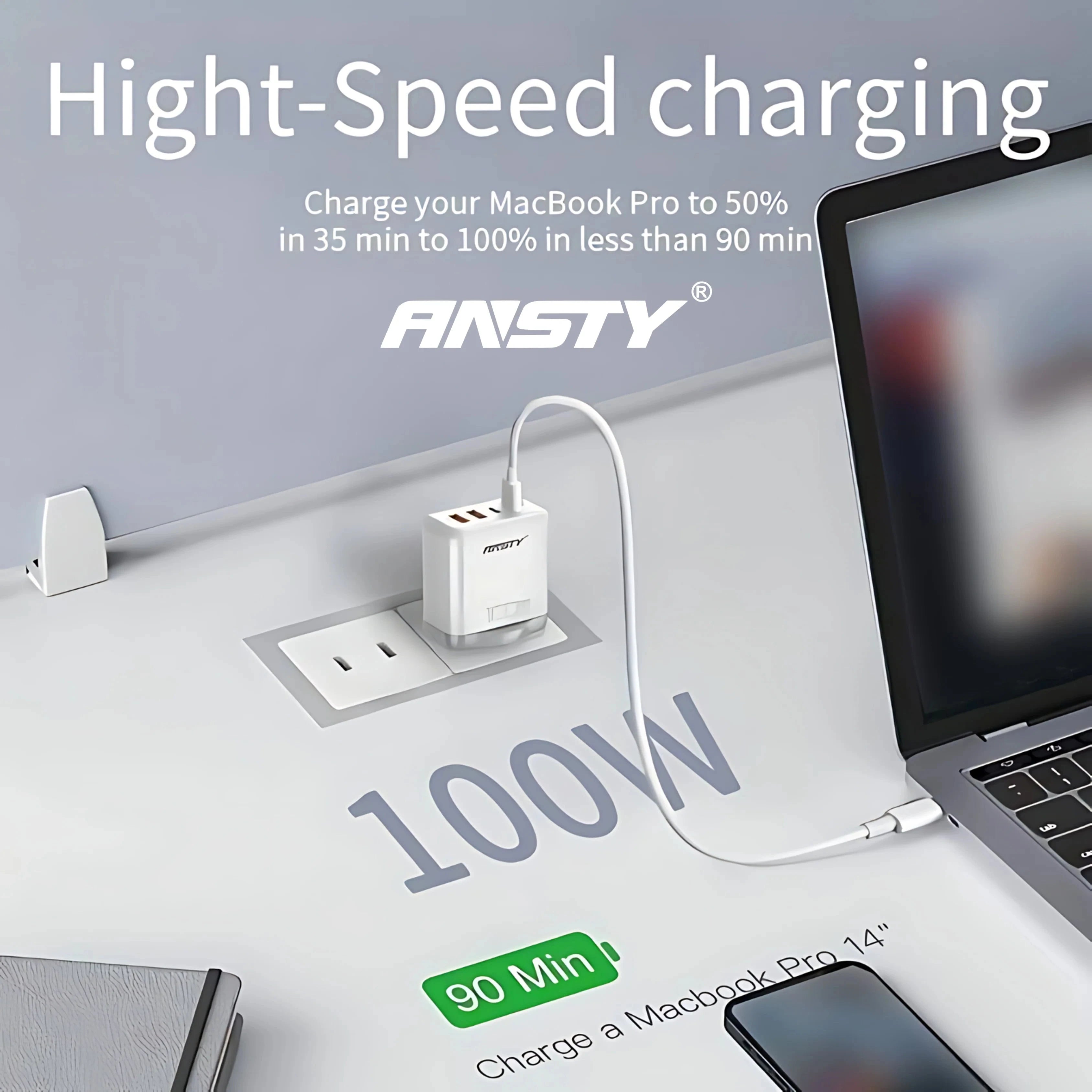 Ansty GaN Fast Charger With Type C Cable (1 Meter) (2 USB-C + 2 USB-A) - 100W (For Steam Deck, ROG Ally & All Portable Consoles) - White Power Adapters & Chargers Ansty 