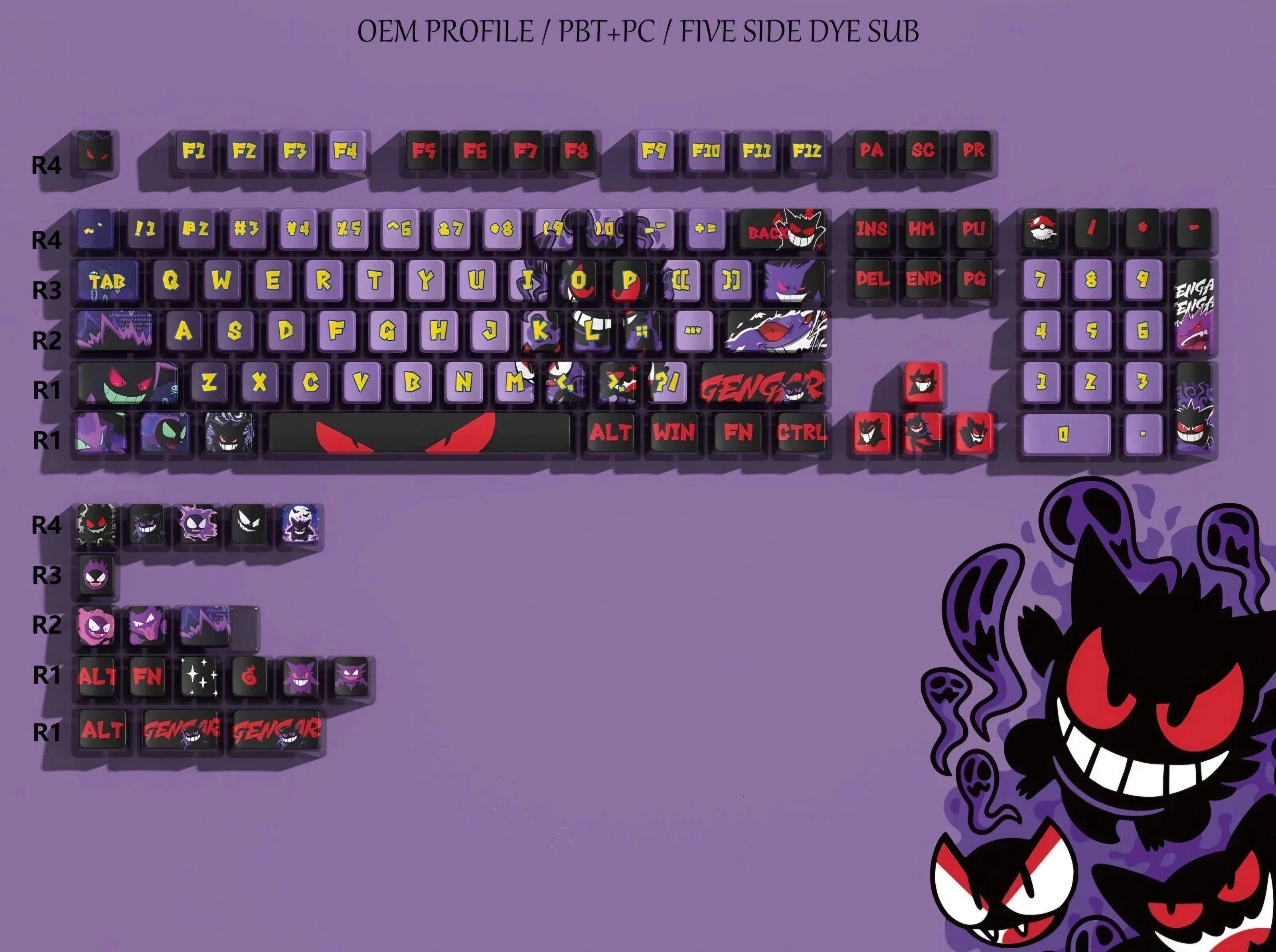 Gengar Backlit PBT Keycap Set (Pokemon, 75/98/100 Layouts) Keycaps Retro Games 