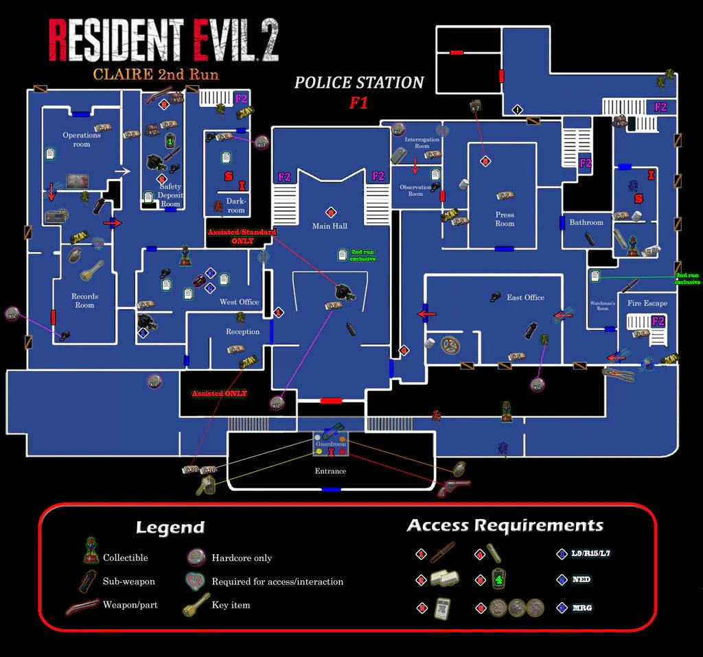 (On Demand) Resident Evil 2 - Map Police Station F1 Frameless Arts (30*30 cm) Posters Retro Games 