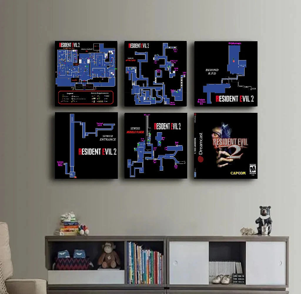 (On Demand) Resident Evil 2 - Map Sewer Middle Floor Frameless Arts (30*30 cm) Posters Retro Games 