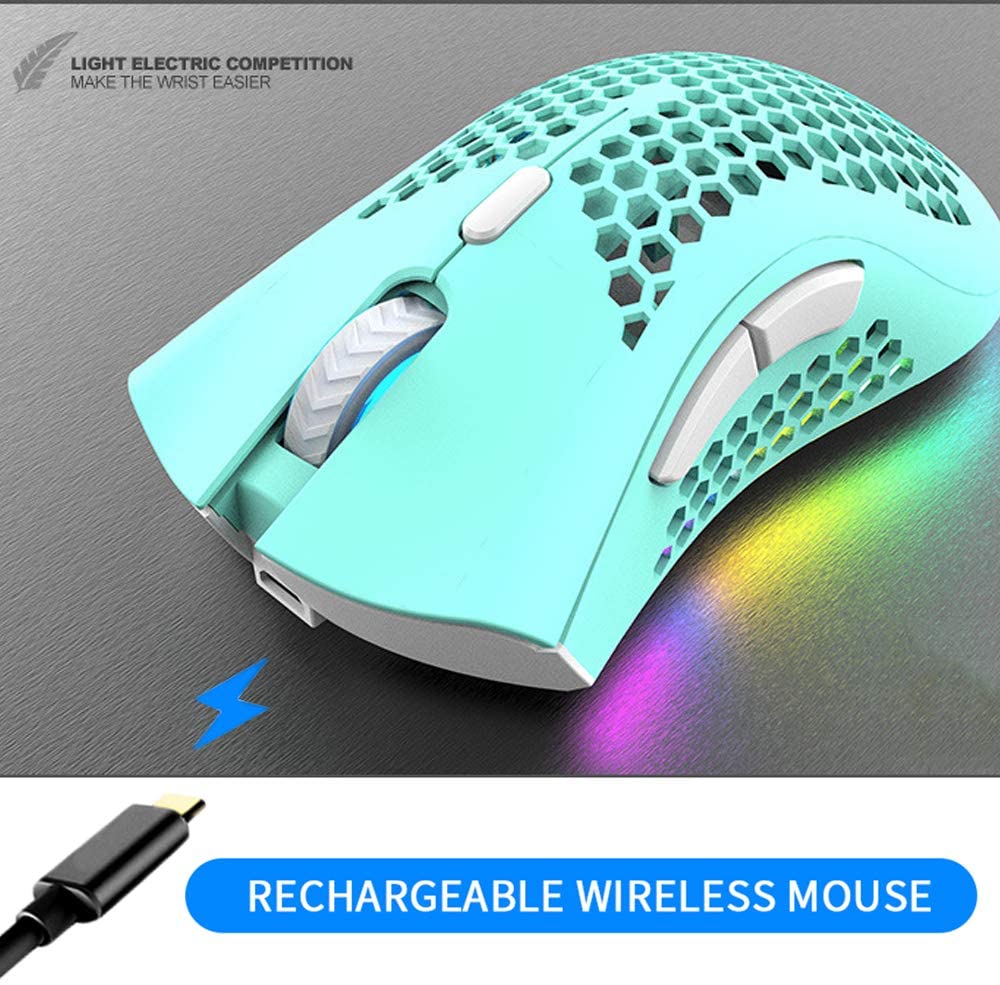 BENGOO KM-1 Wireless RGB Gaming Mouse with Honeycomb Shell - Cyan 