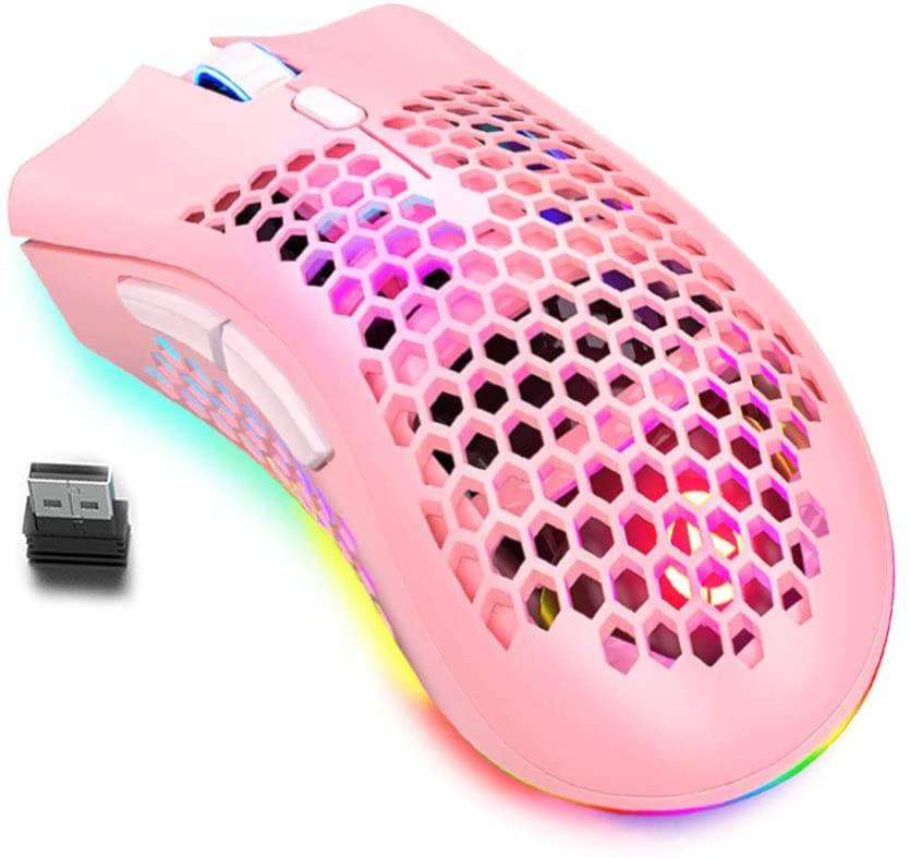 BENGOO KM-1 Wireless RGB Gaming Mouse with Honeycomb Shell - Pink 