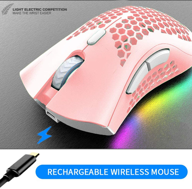 BENGOO KM-1 Wireless RGB Gaming Mouse with Honeycomb Shell - Pink 