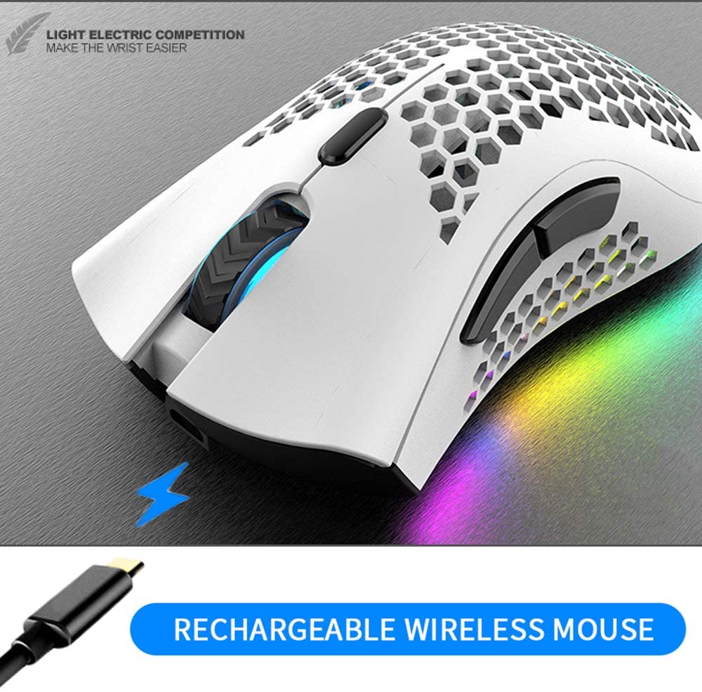 BENGOO KM-1 Wireless RGB Gaming Mouse with Honeycomb Shell - White 