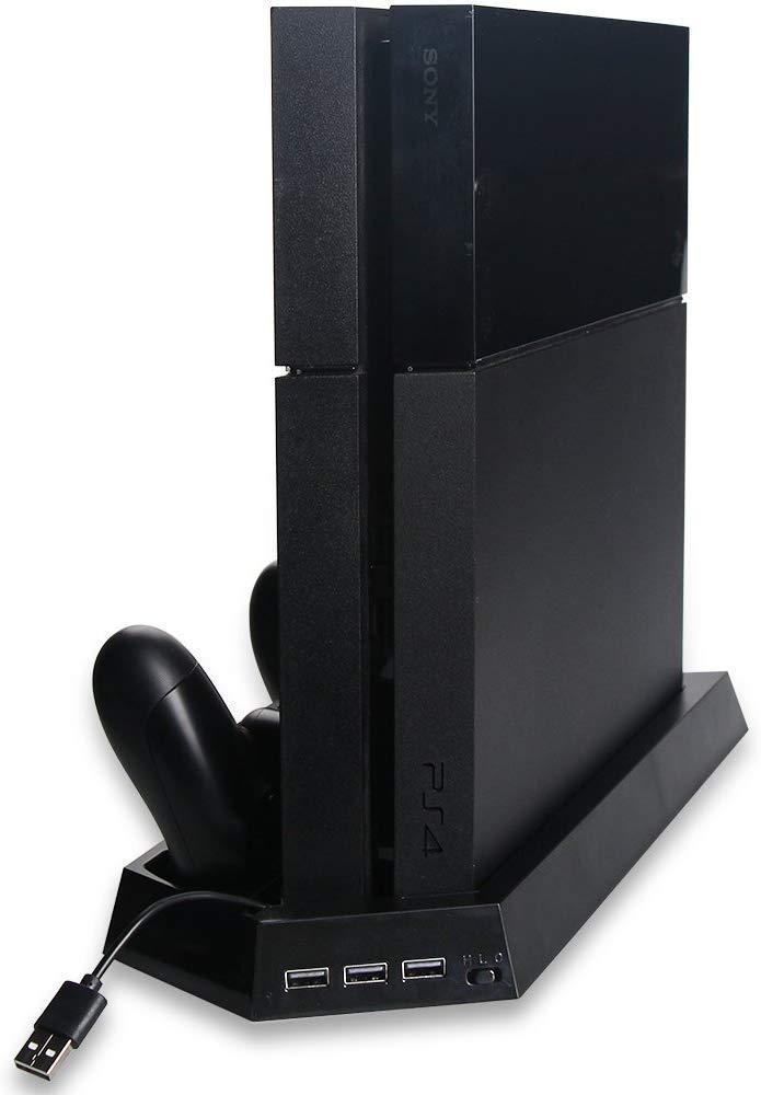 Dobe Playstation 4 and PlayStation 4 Slim Vertical Stand Fan with Game Controller Dual Station Dock Charging 