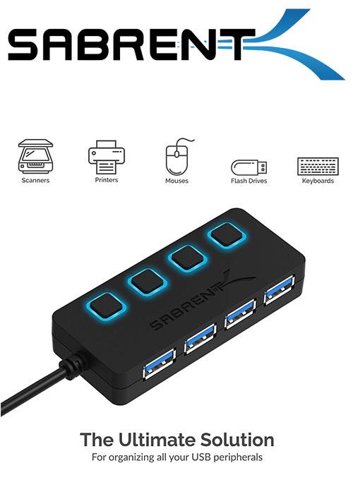 Sabrent 4-Port USB 3.0 Hub with Individual LED Power Switches, , Gamestore, Retro Games